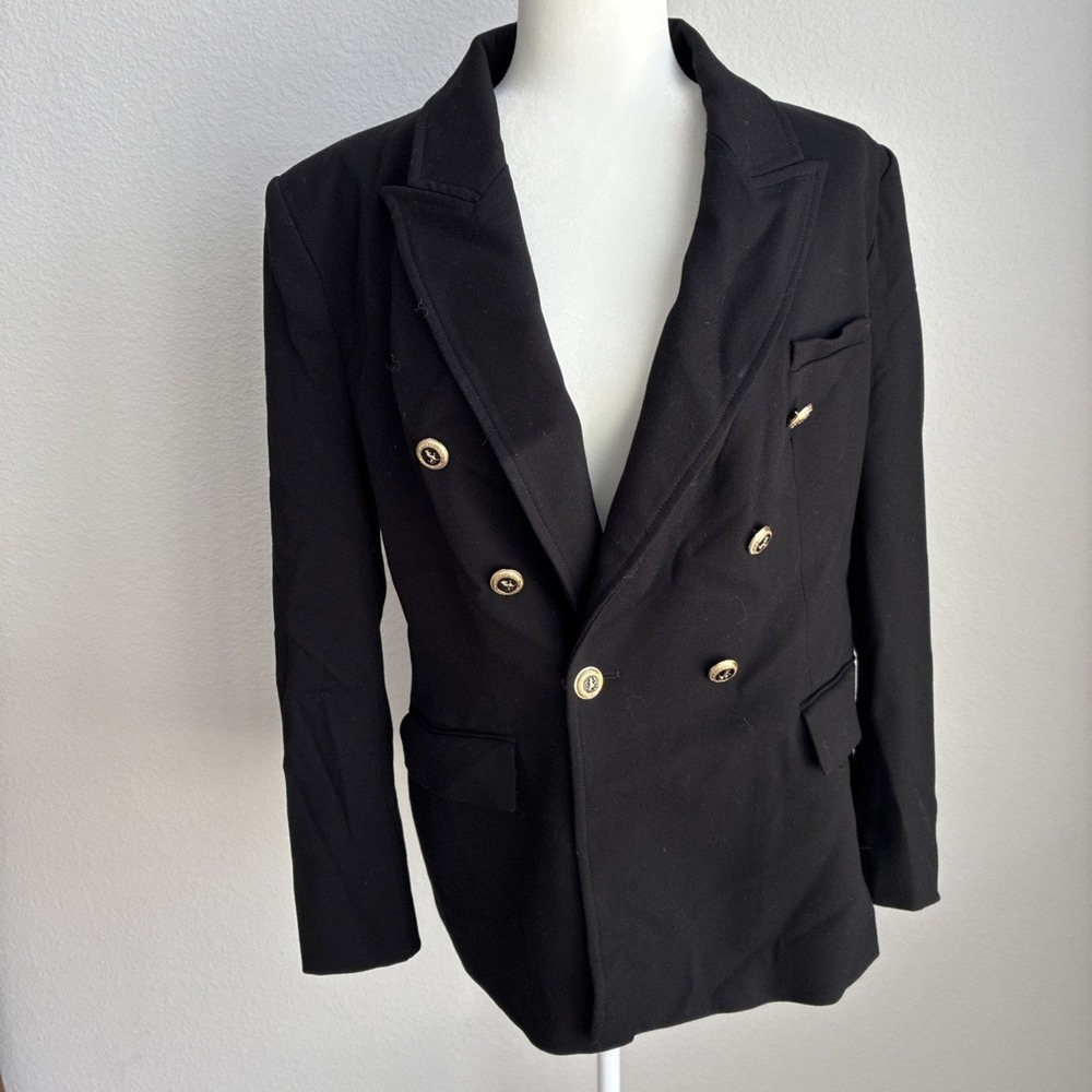 Zara Womens Black Double Breasted Tailored Blazer Gold Crest Buttons XL Preppy